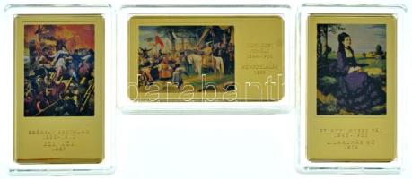 2014. "A magyar festészet remekművei / Szinyei Merse Pál 1845-1920. - Lilaruhás nő 1874" aranyozott, multicolor Cu emlékérem (35x60mm) + "A magyar festészet remekművei / Székely Bertalan 1835-1910 / Egri nők 1867." aranyozott, multicolor Cu emlékérem (60x35mm) + "A magyar festészet remekművei / Munkácsy Mihály 1844-1900 / Honfoglalás 1893" aranyozott, multicolor Cu emlékérem kapszulában (35x60mm) T:PP
