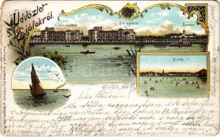 1900 Siófok, Hullám és Sió szálloda, étterem, vitorlás. Kaufman F. kiadása Art Nouveau, floral, litho (vágott / cut)