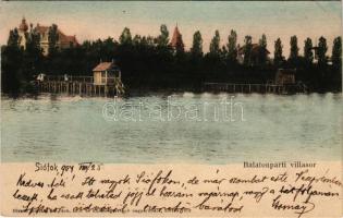 1904 Siófok, Balaton parti villasor fürdőkabinokkal. Hirsch Mór kiadása