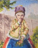 Olvashatatlan jelzéssel, XX. sz. első fele: Kislány népviseletben. Olaj, vászon. Kartonra kasírozva. Apró felületi sérülésekkel. 50x40 cm