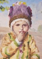 Olvashatatlan jelzéssel, XX. sz. első fele: Kislány népviseletben. Olaj, vászon. Kartonra kasírozva....