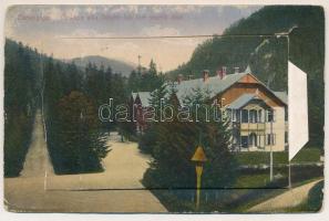 1918 Barlangliget, Höhlenhain, Tatranská Kotlina (Magas-Tátra, Vysoké Tatry); Vaskapu villa a Tündér lak fölé vezető úttal. Wlaszlovits Gusztáv kiadása, leporellólap 10 képpel / villa. leporellocard with 10 pictures (ázott sarok / wet corner)