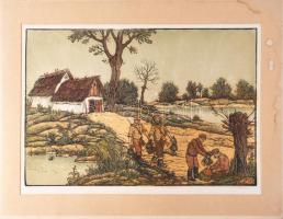 Gácsi Mihály (1926-1987): Vadkacsázás (vadászok). Színes linómetszet, papír. Jelzett. Paszpartun ázásnyommal. 34×50 cm