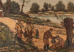 Gácsi Mihály (1926-1987): Vadkacsázás (vadászok). Színes linómetszet, papír. Jelzett. Paszpartun ázá...