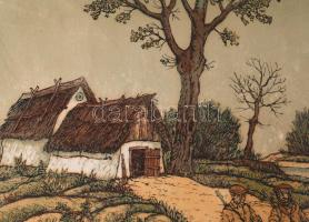 Gácsi Mihály (1926-1987): Vadkacsázás (vadászok). Színes linómetszet, papír. Jelzett. Paszpartun ázá...