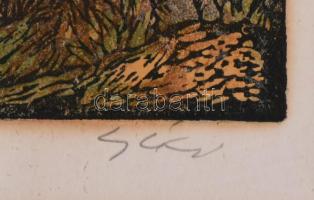 Gácsi Mihály (1926-1987): Vadkacsázás (vadászok). Színes linómetszet, papír. Jelzett. Paszpartun ázá...