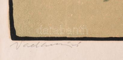 Gácsi Mihály (1926-1987): Vadkacsázás (vadászok). Színes linómetszet, papír. Jelzett. Paszpartun ázá...