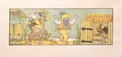 Gácsi Mihály (1926-1987): A kiskakas gyémánt...II. Színes linómetszet, papír. Jelzett. Kartonra kasírozva. 24×68 cm