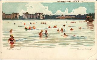 1899 Siófok, fürdőzők. Bruchsteiner és Fia műintézet litho (tűnyomok / pinmarks)