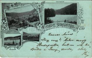 1900 Szomolnok, Schmölnitz, Smolník; Pécs akna, Uhornai tó, M. k. dohánygyár. J. Ritter kiadása, szecessziós-virágos keret / mine, lake, tobacco factory. Art Nouveau, floral frame (fa)