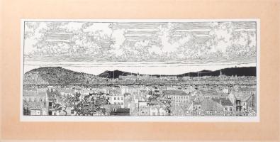 Stettner Béla (1928-1984): Budapest látképe a város egyesítésének 100. évfordulóján. Fametszet, papír. Jelzett. Paszpartuban. 28×69,5 cm