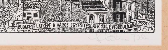 Stettner Béla (1928-1984): Budapest látképe a város egyesítésének 100. évfordulóján. Fametszet, papí...
