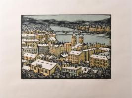 Réti Mátyás (1922-2002): Télen (Budapest). Színes linómetszet, papír, jelzett, számozott (62/100), 25×33,5 cm