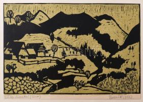 Bazsali Ferenc (1923-1968): Völgy házakkal, 1967. Színes linómetszet, papír, jelzett, 19,55×29,5 cm