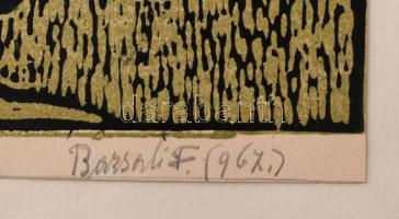 Bazsali Ferenc (1923-1968): Völgy házakkal, 1967. Színes linómetszet, papír, jelzett, 19,55×29,5 cm