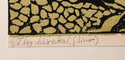 Bazsali Ferenc (1923-1968): Völgy házakkal, 1967. Színes linómetszet, papír, jelzett, 19,55×29,5 cm