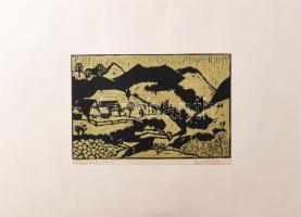 Bazsali Ferenc (1923-1968): Völgy házakkal, 1967. Színes linómetszet, papír, jelzett, 19,55×29,5 cm