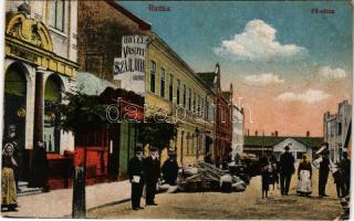 Ruttka, Vrútky; Fő utca, Hotel Vaúti szálloda, piac. Vasúti levelezőlapárusítás 21. sz. 1918. / main street, railway hotel, market (EB)