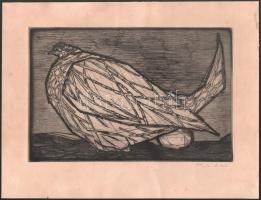 Kádár György (1912-2002): Tojását költő madár. Rézkarc, papír, jelzett. Lapszéli ázás nyommal. 19,5x29,5 cm