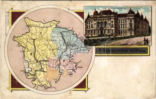 Rimaszombat, Rimavská Sobota; Vármegyeháza, Gömör-Kishont vármegye térképe. Rábely Miklós kiadása / county hall, map of Gömör-Kishont County (Gemersko-malohontská zupa). Art Nouveau, litho (r)