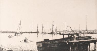 Boldizsár István (1897-1984): Balaton (kikötő hajókkal). Rézkarc, papír, jelzett, 15,5x29 cm.