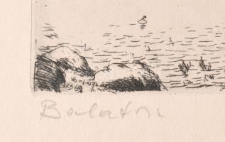 Boldizsár István (1897-1984): Balaton (kikötő hajókkal). Rézkarc, papír, jelzett, 15,5x29 cm