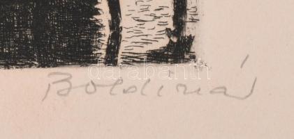 Boldizsár István (1897-1984): Balaton (kikötő hajókkal). Rézkarc, papír, jelzett, 15,5x29 cm