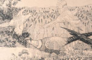 Pásztor Gábor (1933-2012): Fácánok. Rézkarc, papír, jelzett, kartonra kasírozva, 29,5×60 cm