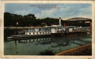 1915 Budapest IV. Újpest, hajóállomás, vasúti híd, gőzhajó. Marton J. Kálmán kiadása (EB)