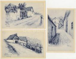 Budapest I. Tabán - 3 db RÉGI grafikai képeslap: a Régi Budapest, Kőműves utca, Szt. Gellérthegyi viskók, Kör utca s: Helbing Ferenc