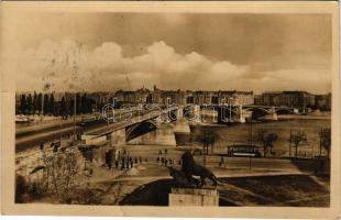 1950 Budapest, látkép a Margit híddal, autóbusz, villamos, teherautó. photo (gyűrődések / creases)