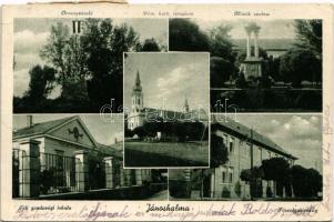 1946 Jánoshalma, Téli gazdasági iskola, Országzászló, Római katolikus templom, Hősök szobra, emlékmű, Főszolgabíróság (EB)
