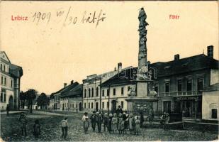 1909 Leibic, Leibitz, Lubica; Fő tér, Szentháromság szobor, vendéglő, Millan József üzlete. W.L. Bp. 2885. Millan József saját kiadása / main square, Holy Trinity statue, restaurant, publisher's shop