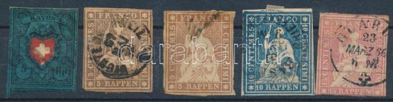 Svájc 1850-1854 5 db klasszikus bélyeg, garancia nélkül (Mi EUR ~2.750.-) / 5 stamps, no guarantee