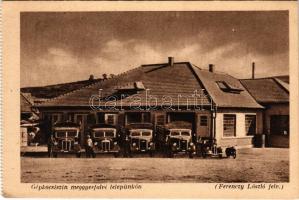 Meggyesfalva, Mureseni; gépkocsiszín a telepen. Erdélyrészi Hangya Szövetkezet (Marosvásárhely) kiadása, Ferenczy László felvétele / automobile garage (EK)