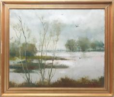 Gádor Emil (1911-1998): Mocsár madarakkal. Olaj, farost, jelezve jobbra lent. Dekoratív, sérült fakeretben, 50×60 cm