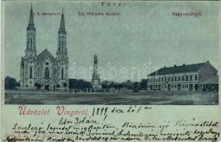 1899 Vinga, Fő tér, Római katolikus templom, Szentháromság szobor, Nagyvendéglő. Ertel A. és Társa kiadása / main square, Catholic church, Holy Trinity statue, restaurant (vágott / cut)