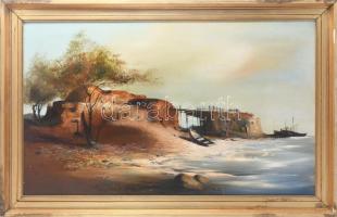 Adilov Kabul (1959-): Csónakok. Olaj, farost, jelzett, hátoldalán autográf felirattal. Dekoratív, kissé kopott fakeretben, 46×77 cm