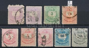 1874 Színesszámú Krajcáros 9 db bélyeg 13-as fogazással, színváltozatokkal és I. tip. téglavörös 5kr