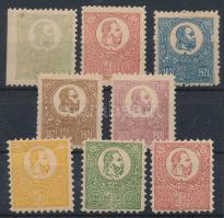 1921 A jubileumi kiadás 8 klf bélyege (világoszöld betapadás / gum disturbance, az egyik piros gumi nélküli / without gum, a mésik piros alblakos / thin paper, a sárga törött / folded)