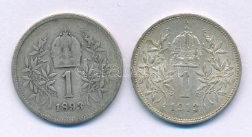 Ausztria 1893. 1K Ag "Ferenc József" + 1913. 1K Ag "Ferenc József" T:F,XF patina Austria 1893. 1 Corona Ag "Franz Joseph" + 1913. Corona Ag "Franz Joseph" C:F,XF patina Krause KM#2804, KM# 2820