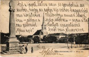 1907 Szilágysomlyó, Simleu Silvaniei; Bem tér, Szentháromság szobor, templom. Veres Károly kiadása / square, Holy Trinity statue, church (EK)
