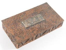 Jónás jelzéssel iparművész díszdoboz, fa betéttel, 10x17 cm