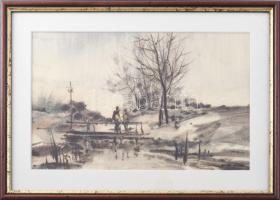 Balázs György (1927-2015): Emberek a hídon, 1997. Akvarell, papír, jelzett, üvegezett fakeretben. 19,5x31 cm