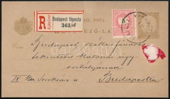 1881 Helyi ajánlott 2kr levelezőlap Feketeszámú 5kr díjkiegészítéssel