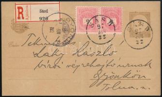 1894 Ajánlott 2kr díjjegyes levelezőlap Feketeszámú 2 x 5kr díjkiegészítéssel "SÁSD" - "GYÖNK"