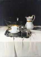 Molnár Z. János (1880-1960): Csendélet porcelánokkal és üvegekkel. Olaj, vászon, jelezve jobbra lent. Hátoldalán régi töredékes raglappal. Javított. Kissé sérült. 80x59,5 cm