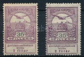 1913 Árvíz I. 35f 2 db bélyeg eltérő színárnyalatban