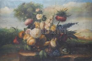 Olvashatatlan jelzéssel (a hátoldalán): Csendélet. Olaj, vászon. Apró sérülésekkel. 61x91 cm