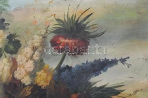 Olvashatatlan jelzéssel (a hátoldalán): Csendélet. Olaj, vászon. Apró sérülésekkel. 61x91 cm